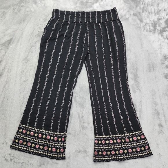 Three Dots Pants Womens XL Black Printed Floral Smocked Waist Wide Leg Flowy - Picture 3 of 11